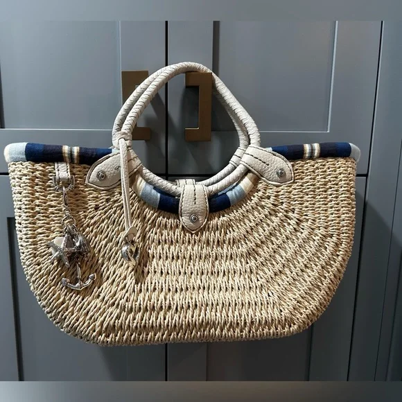 VINTAGE BRIGHTON COLLECTIBLES STRAW HANDBAG WHITE/NAVY BLUE STRIPE INTERIOR - Picture 9 of 14